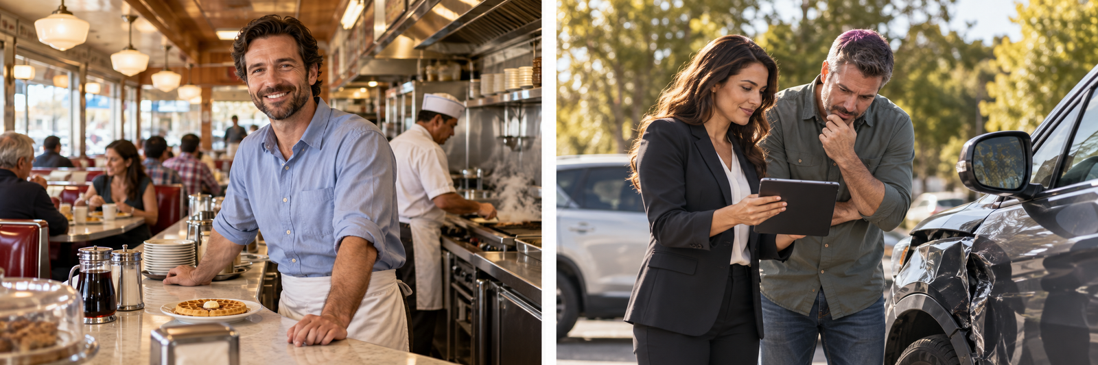Illustrative content examples: a diner owner and an insurance representative with a customer